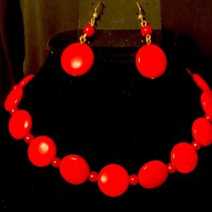 Gold Tone-Red Necklace & Earring Set